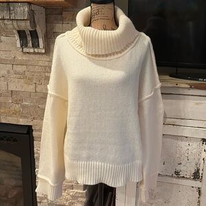 New in cream cozy turtleneck sweater drop shoulder long sleeve raw seam rib hem